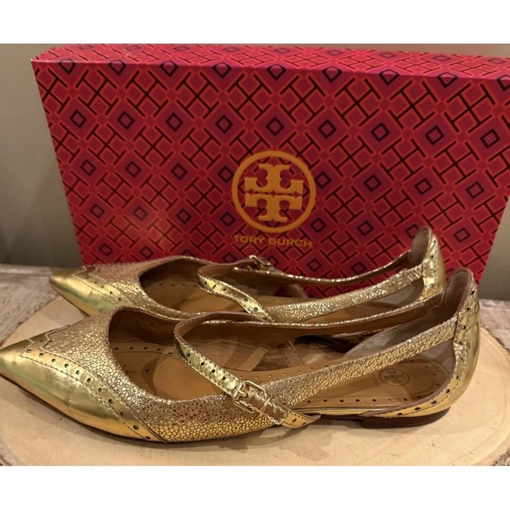 Tory Burch Bernadette 9M metallic Gold leather Mary Jane pointed-toe flats 358$ - Picture 4 of 14